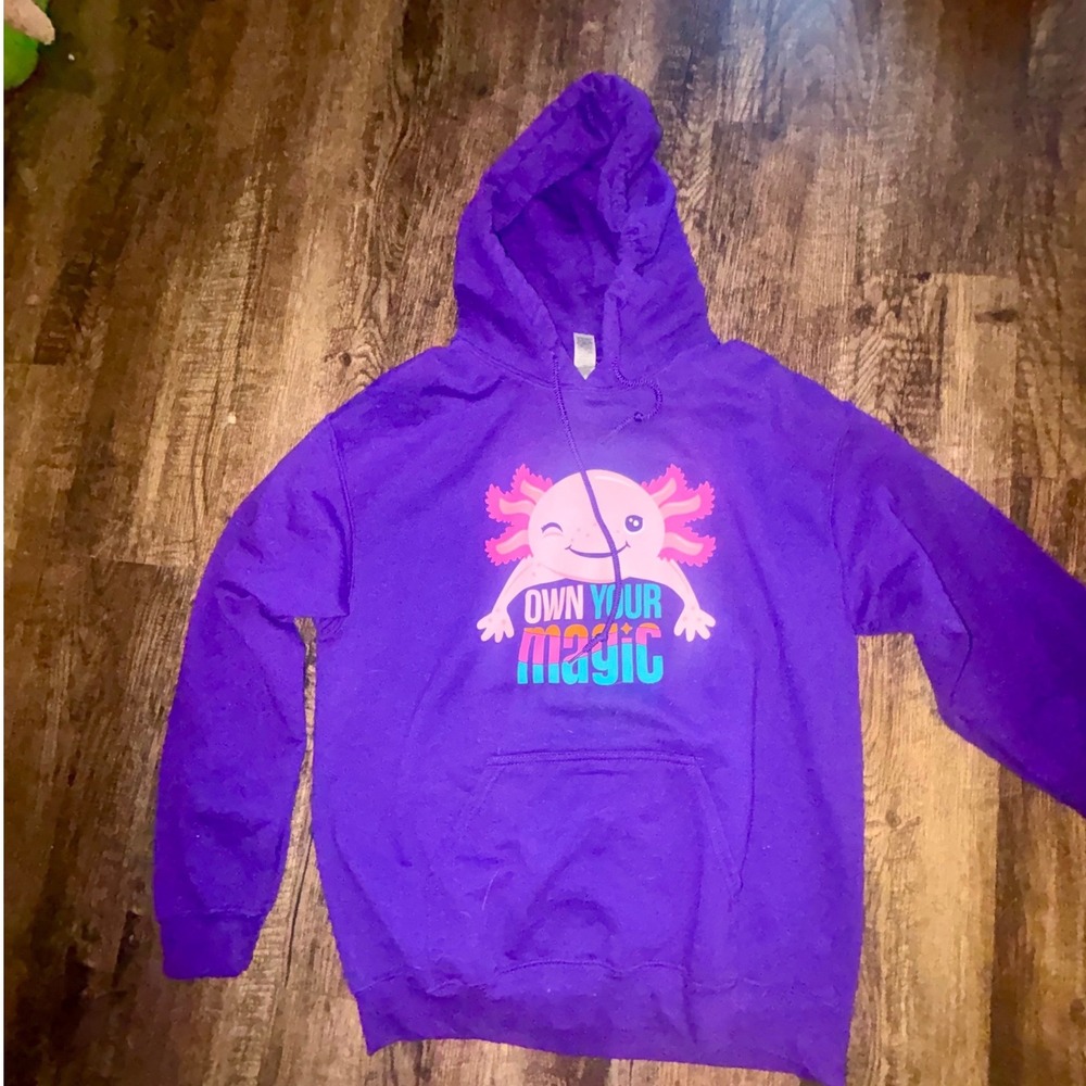 Gildan Purple Axolotl Own Your Magic Graphic Hoodie Sweatshirt Medium